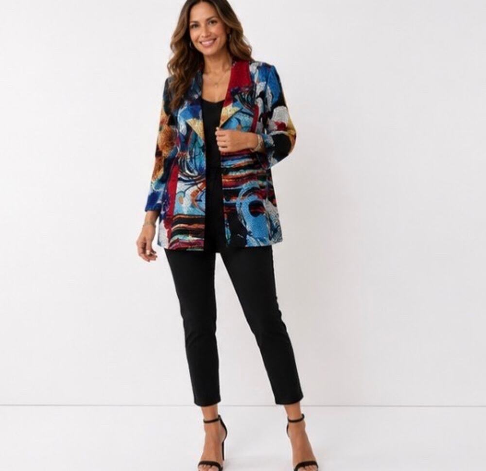 Ali Miles Women’s Abstract Print Open Front Blazer Jacket Size Medium Poly Spand